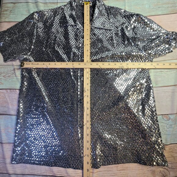 YMLA Vintage Metallic Silver Mosaic Short Sleeve Shirt, Men's Medium - Picture 5 of 7